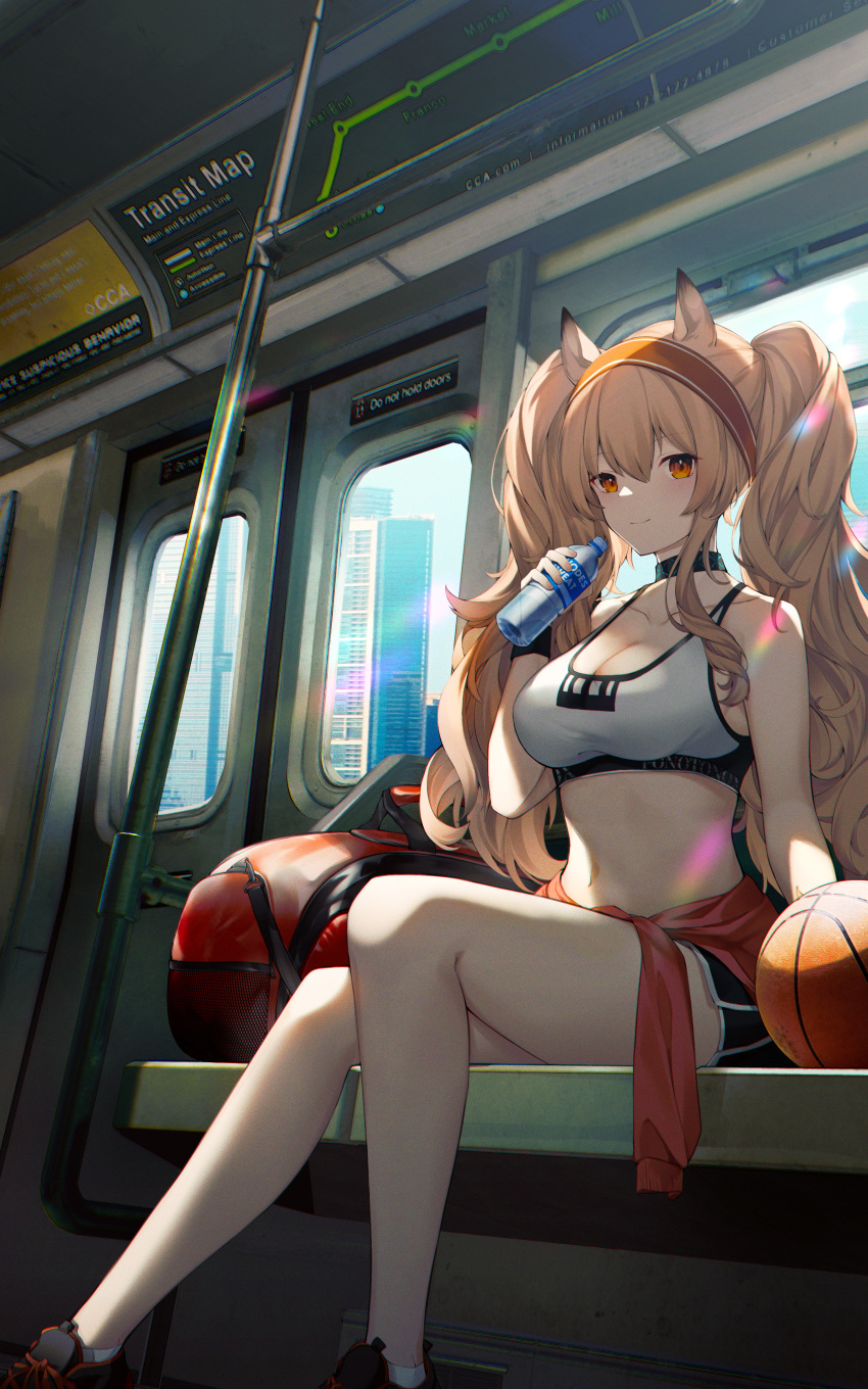 1girl absurdres angelina_(arknights) animal_ears arknights bag bangs bare_shoulders basketball black_shorts bottle breasts brown_eyes brown_hair clothes_around_waist collarbone commentary duffel_bag fox_ears hairband highres holding holding_bottle infection_monitor_(arknights) jacket jacket_around_waist long_hair looking_at_viewer midriff navel official_alternate_costume orange_bag sagiri_(ulpha220) short_shorts shorts sitting smile solo sports_bra train_interior twintails