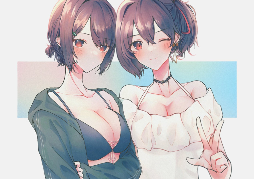 2girls alternate_hairstyle bangs bikini black_bikini blush breasts brown_hair choker cleavage closed_mouth collarbone delta_(063k1z5shio) earrings green_jacket hair_ornament hair_ribbon hairclip highres hyuuga_(kancolle) ise_(kancolle) jacket jewelry kantai_collection large_breasts long_sleeves looking_at_viewer multiple_girls one_eye_closed open_clothes open_jacket ponytail red_eyes red_ribbon ribbon short_hair short_ponytail simple_background swimsuit underwear upper_body w white_one-piece_swimsuit