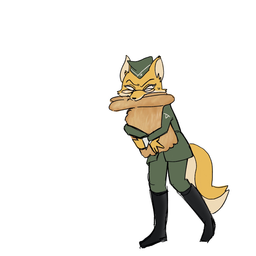 anthro baguette boots bread canid canine clothing eyewear female food footwear fox glasses hi_res lt._fox_vixen mammal military military_uniform sahbeetle sek_studio side_cap simple_background solo squirrel_and_hedgehog uniform white_background