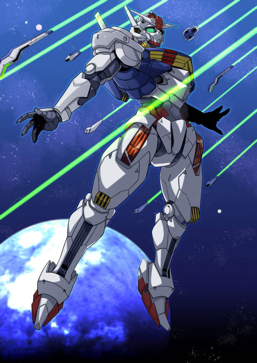 absurdres bit_(gundam) commentary_request earth_(planet) firing green_eyes gundam gundam_aerial gundam_suisei_no_majo hanzaki_jirou highres mecha mecha_focus mobile_suit no_humans planet robot science_fiction solo space star_(sky) v-fin