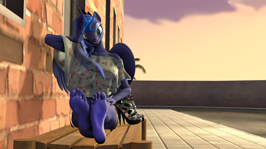 3d_(artwork) 5_toes afternoon anonymous_artist anthro arm_support bedroom_eyes bench blue_body blue_fur clothed clothing countershade_feet countershade_hands countershading crown digital_media_(artwork) edit equid equine ethereal_hair ethereal_mane feet female foot_fetish footwear friendship_is_magic fur green_eyes hair hasbro hi_res high_heels horn humanoid_feet leaning_on_elbow leaning_on_wall long_hair looking_at_viewer mammal my_little_pony narrowed_eyes nipple_outline outside photo_manipulation princess_luna_(mlp) pseudo_hair pseudo_mane seductive smile soles solo solo_focus source_filmmaker sunset tiara toes winged_unicorn wings