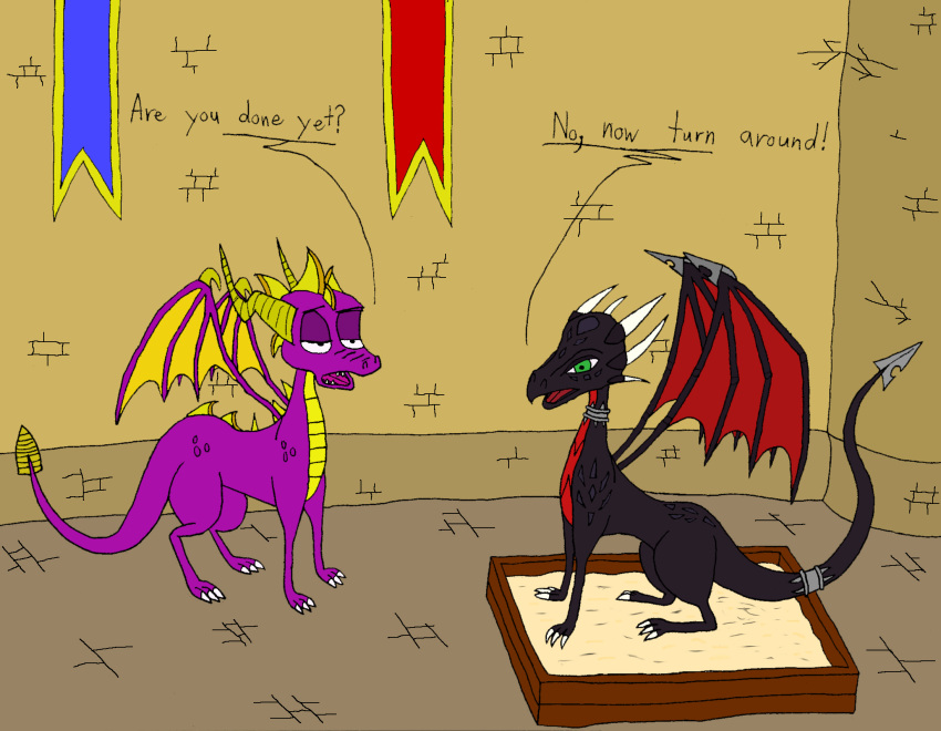 activision cynder dragon duo female feral hi_res legend_of_spyro litter_box litter_box_usage male male/female perspectivezero spyro spyro_a_shadow_legacy spyro_the_dragon temple toilet_use video_games