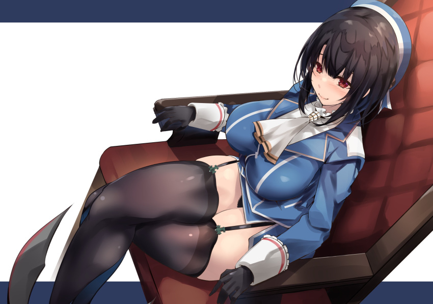 1girl armchair ascot bangs black_gloves black_thighhighs blue_headwear breasts chair closed_mouth commission crossed_legs endou_(zettai_bluenoid) from_above garter_straps gloves hat highres kantai_collection large_breasts long_sleeves military military_hat military_jacket military_uniform red_eyes rudder_footwear simple_background sitting smile solo takao_(kancolle) thighhighs uniform white_ascot