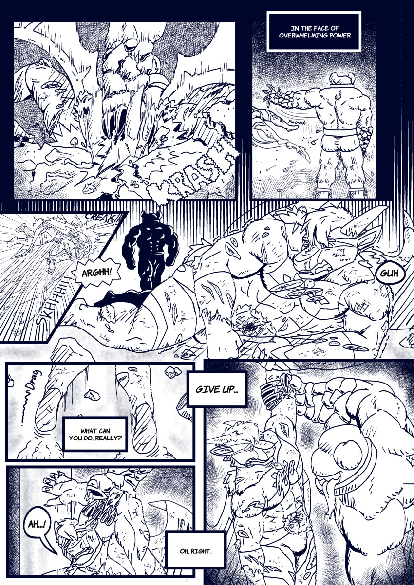 abs absurd_res anthro biceps black_and_white bodily_fluids bottomwear bulge butt claws clothed clothing comic cuff_(restraint) demon dialogue digital_media_(artwork) dragon duo english_text fur hair hi_res horn humanoid loincloth male mammal manga monochrome muscular muscular_anthro muscular_male open_mouth pecs restraints scalie shackles simple_background smile superhero text tight_clothing tongue topwear torn_clothing wings wounded zachsroom