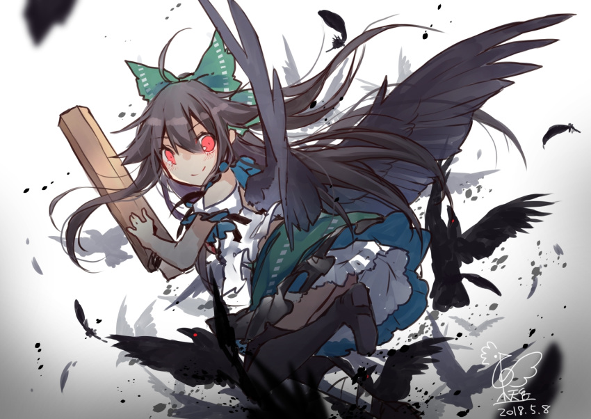 1girl ahoge arm_cannon ass bandaged_leg bandages bangs bare_shoulders bird bird_wings black_bird black_footwear black_skirt black_thighhighs black_wings blue_shirt blurry blush bow brown_hair closed_mouth clothing_cutout crow dated depth_of_field feathers foot_out_of_frame frilled_shirt frilled_skirt frilled_sleeves frills gradient gradient_background green_bow green_skirt grey_background hair_between_eyes hair_bow hair_ornament long_hair looking_at_viewer midair midriff_peek multicolored_clothes multicolored_shirt multicolored_skirt own_hands_together red_eyes reiuji_utsuho shirt short_sleeves shoulder_cutout sidelocks signature skirt smile solo split_mouth straight_hair subterranean_animism thighhighs third_eye touhou toutenkou underskirt v-shaped_eyebrows very_long_hair weapon white_background white_shirt wings