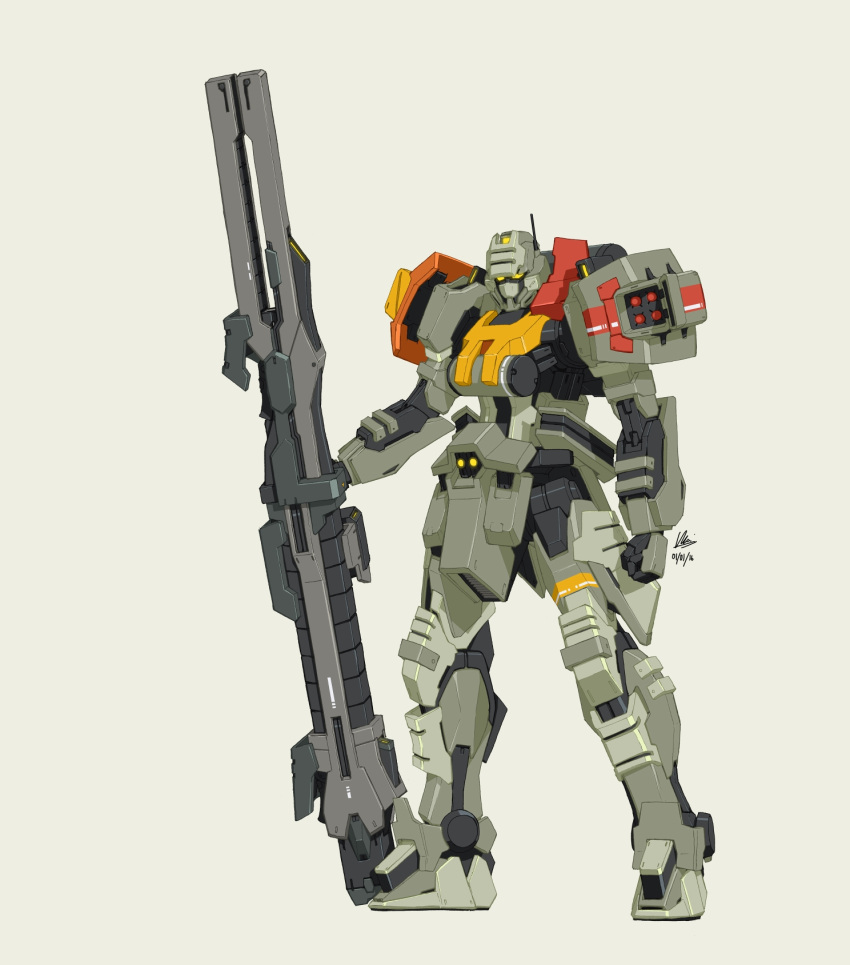 armor assault_rifle assault_visor beam_rifle buster_gundam buster_rifle clenched_hand commentary energy_gun gun gundam gundam_seed halo:_reach halo_(series) highres holding holding_weapon jorge-052 mecha mecha_focus mobile_armor mobile_suit no_humans orange_visor rifle robot science_fiction shoulder_armor solo v-fin wdy1000 weapon yellow_armor yellow_eyes