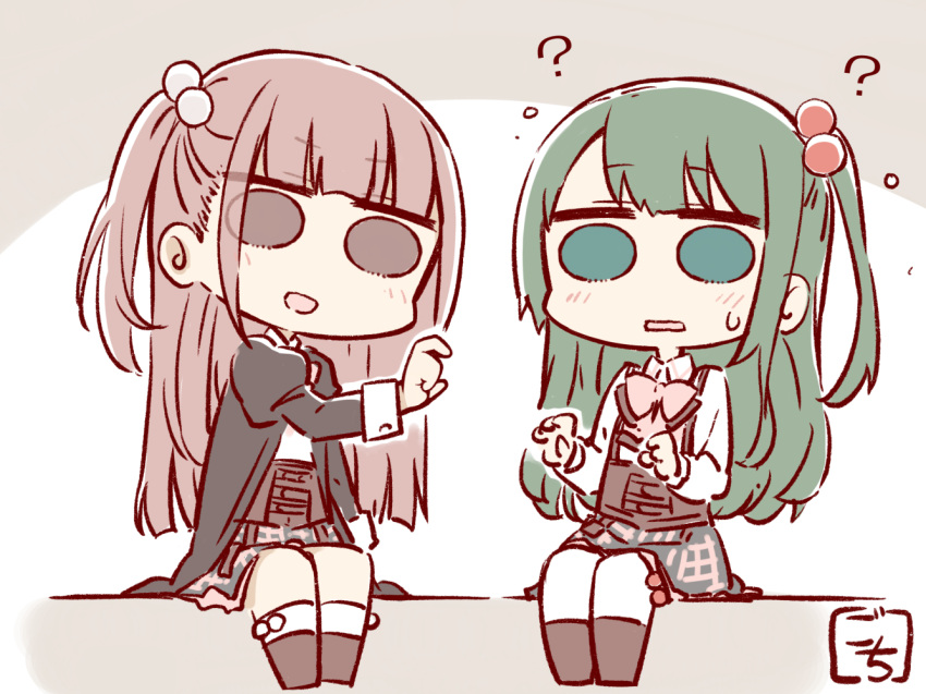 2girls :d ? aqua_eyes arm_at_side artist_name assault_lily bangs black_jacket blunt_bangs blunt_ends boots bow bowtie brown_background brown_eyes brown_footwear brown_hair chibi collared_shirt commentary_request corset flying_sweatdrops full_body gochisousama_(tanin050) green_hair grey_skirt hair_bobbles hair_ornament hand_up hands_up haneda_catalina_mei jacket juliet_sleeves kneehighs light_blush long_hair long_sleeves looking_at_viewer ludvico_private_girls'_academy_school_uniform miniskirt multiple_girls one_side_up open_clothes open_jacket parted_lips pink_bow pink_bowtie plaid plaid_skirt puffy_sleeves sano_matilda_kokoro school_uniform shirt sidelocks sitting skirt smile socks solid_circle_eyes suspenders sweatdrop thighhighs two-tone_background underbust v-shaped_eyebrows white_background white_shirt white_socks white_thighhighs
