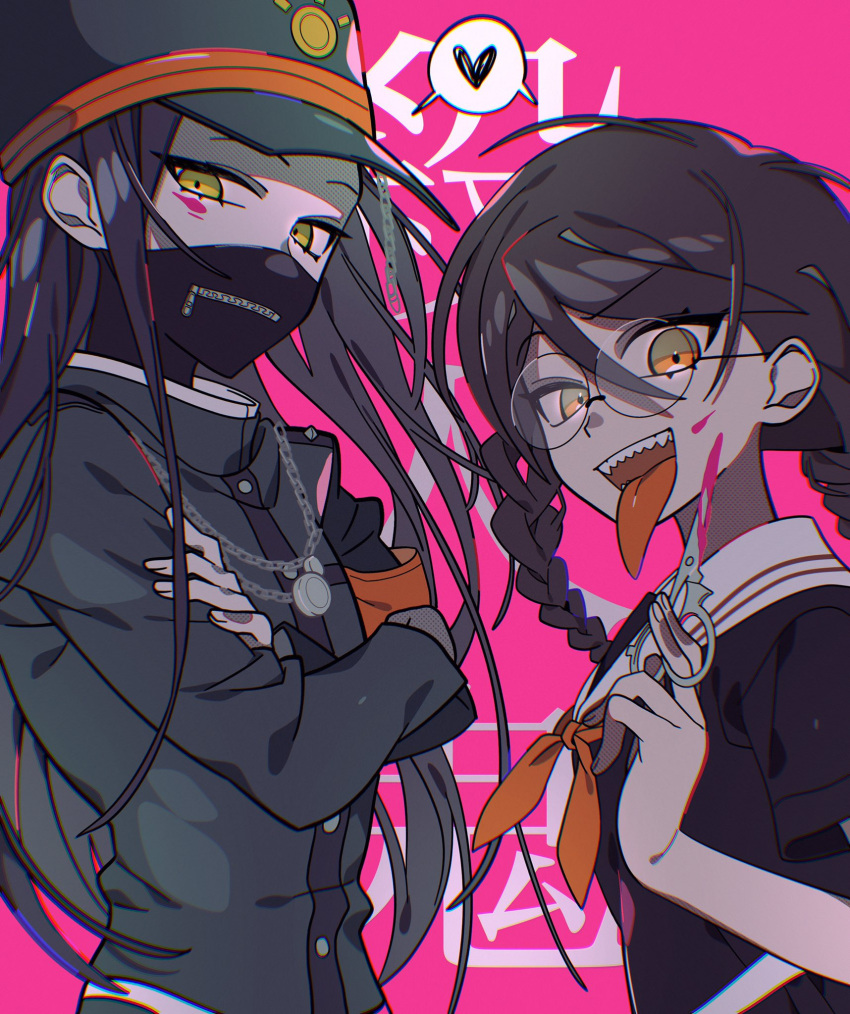 1boy 1girl :d arare_(op_ed_000) armband bandages bangs black_hair black_shirt braid buttons danganronpa:_trigger_happy_havoc danganronpa_(series) danganronpa_v3:_killing_harmony genocider_shou glasses green_headwear green_jacket hat heart highres holding holding_scissors jacket long_hair long_sleeves looking_at_viewer mask mouth_mask orange_eyes pink_background round_eyewear sailor_collar school_uniform scissors sharp_teeth shinguuji_korekiyo shiny shiny_hair shirt short_sleeves smile spoken_heart teeth tongue tongue_out translation_request twin_braids twintails upper_body yellow_eyes