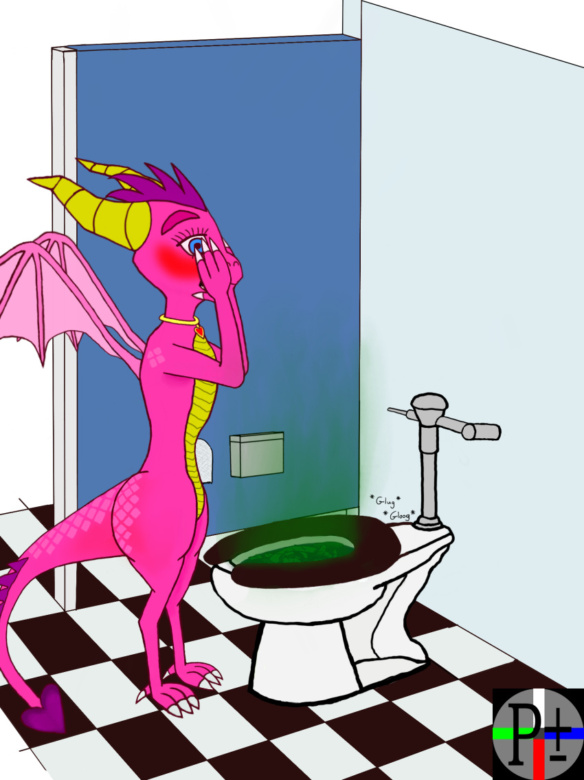 activision anthro bathroom clogged clogged_toilet doorless_stall dragon embarrassed embarrassed_nude_female ember_(spyro) feces female feral floor hand_on_face hi_res horrified logo perspectivezero public_restroom restroom_stall scat semi-anthro smelly solo spyro_the_dragon standing stink_fumes tile tile_floor toilet toilet_paper toilet_paper_dispenser toilet_use turds video_games