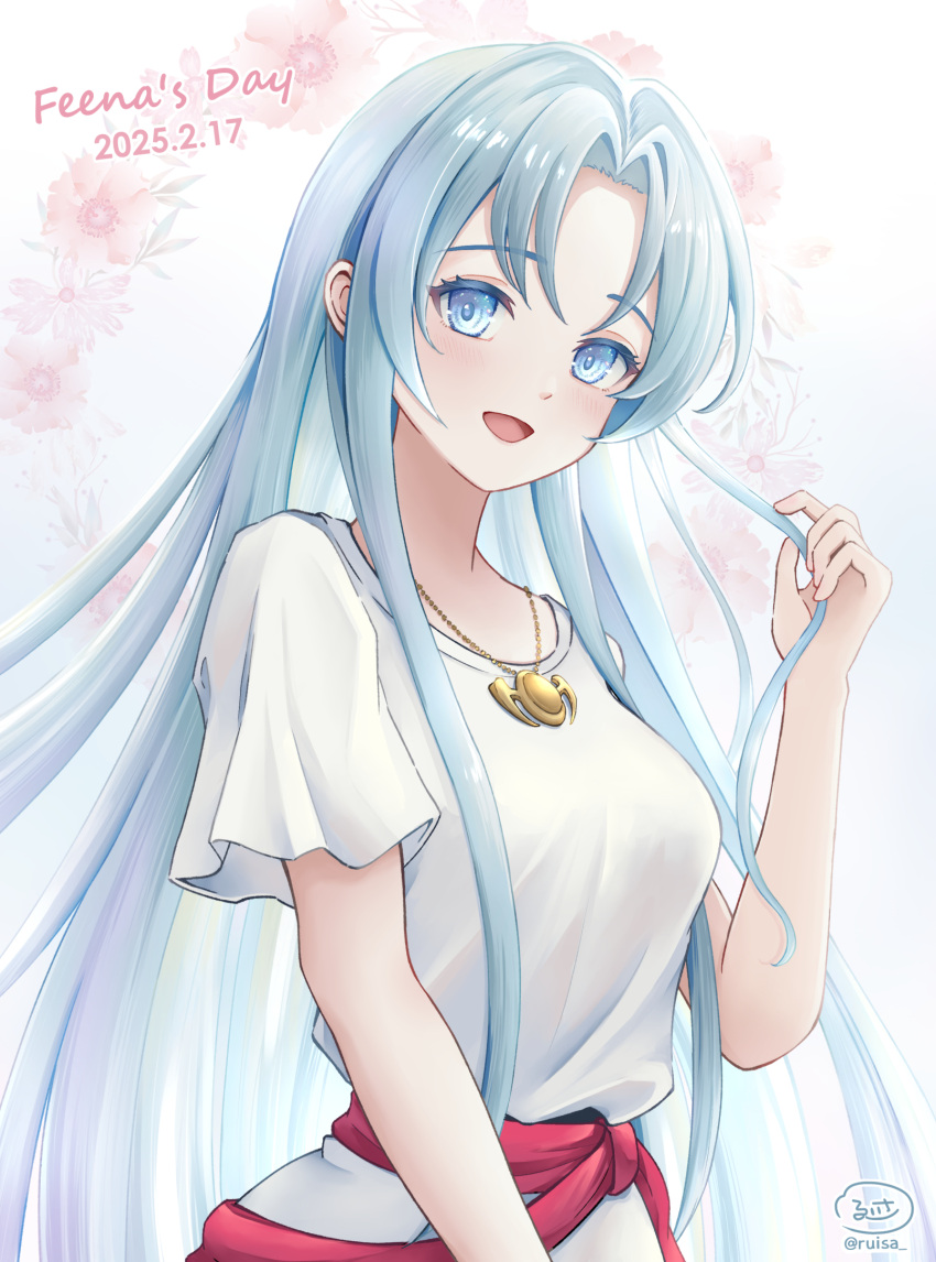 1girl ancient_ys_vanished blue_eyes blue_hair colored_eyelashes commentary_request curtained_hair dated dress feena_(ys) floral_background gold_necklace highres jewelry long_hair looking_at_viewer necklace open_mouth playing_with_own_hair red_sash ruisa sash smile solo standing very_long_hair white_background white_dress ys