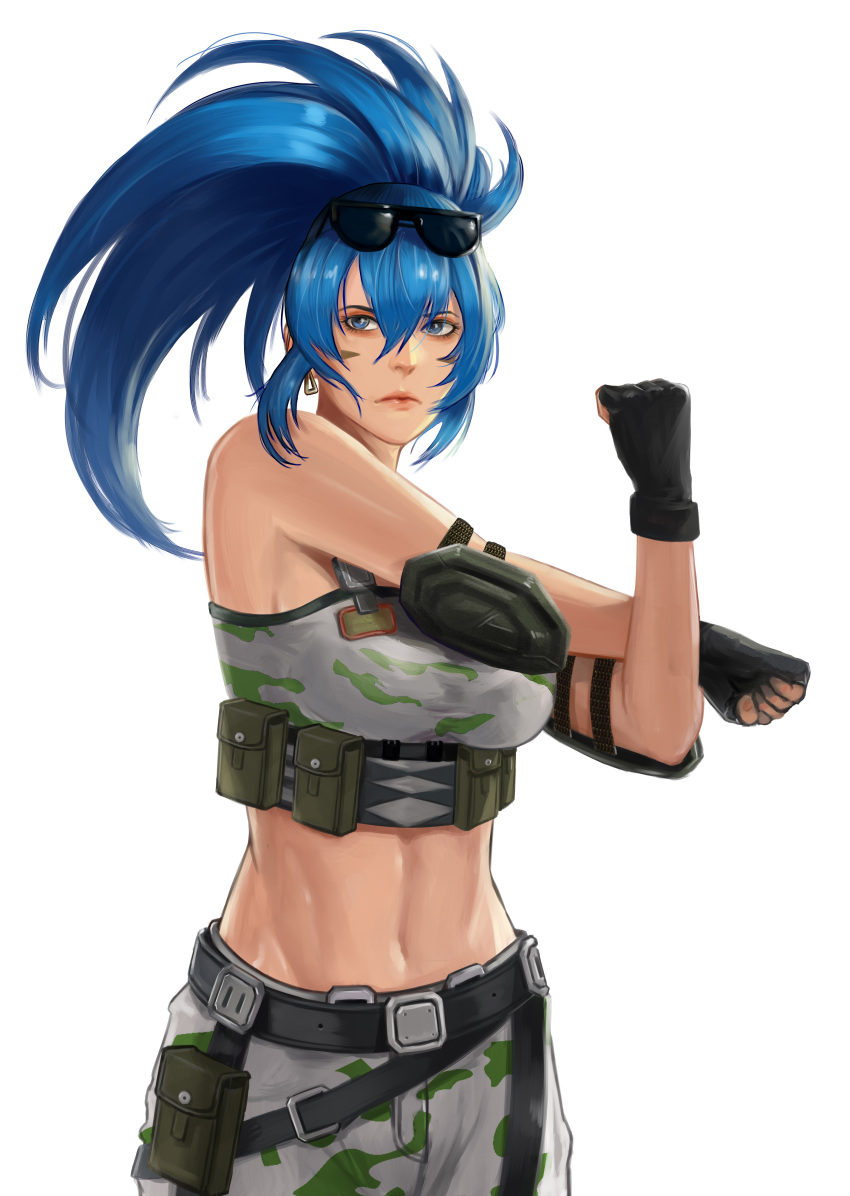 1girl abs absurdres alternate_costume ammunition_pouch bare_shoulders belt blue_eyes blue_hair booger_wang breasts camouflage eyewear_on_head fingerless_gloves glasses gloves highres leona_heidern midriff ponytail pouch sleeveless solo tank_top the_king_of_fighters