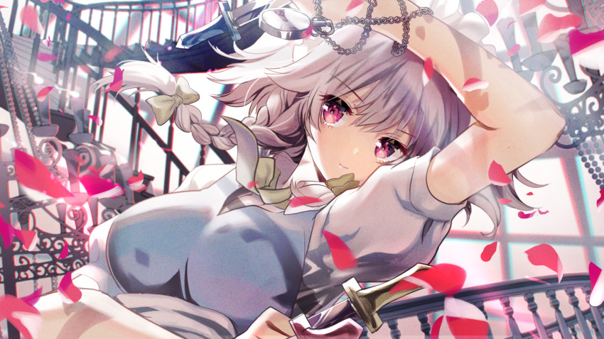 1girl arm_up bangs blue_vest bow braid breasts chain chandelier closed_mouth commentary_request falling_petals grey_hair hair_bow highres hitsuji_hiko_(mareep15) holding holding_knife izayoi_sakuya knife long_hair looking_at_viewer maid_headdress petals pink_eyes pocket_watch puffy_short_sleeves puffy_sleeves railing shirt short_sleeves smile solo stairwell throwing_knife touhou upper_body vest watch weapon white_shirt