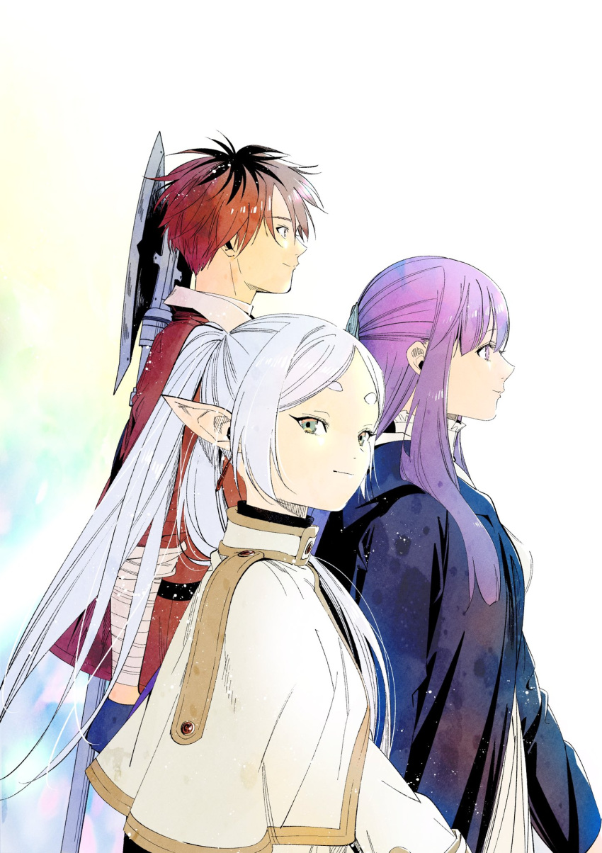 1boy 2girls abe_tsukasa black_hair capelet dress elf fern_(sousou_no_frieren) frieren from_side green_eyes highres jacket long_hair long_sleeves looking_at_viewer multicolored_hair multiple_girls official_art pointy_ears purple_eyes purple_hair red_hair red_jacket short_hair sousou_no_frieren stark_(sousou_no_frieren) tsurime twintails upper_body white_capelet white_dress white_hair