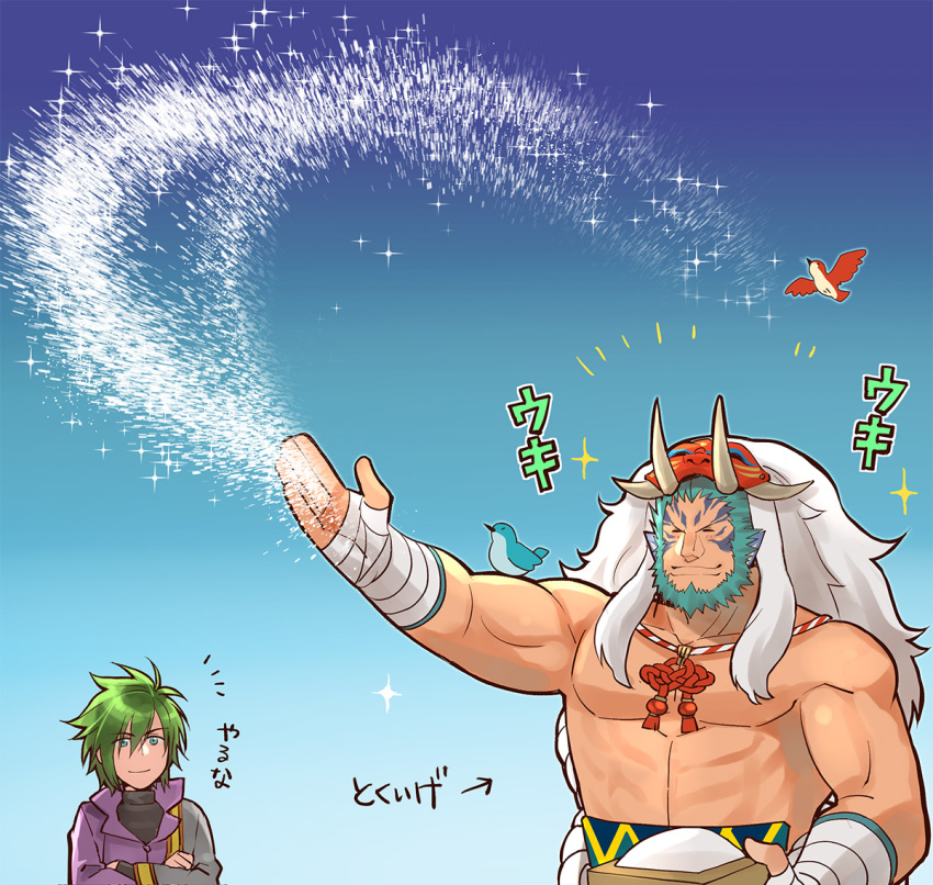 animal_humanoid avian bandage beard bird blue_hair clothed clothing duo facial_hair felid felid_humanoid fire_emblem green_hair hair human humanoid male mammal mammal_humanoid mask mordecai_(fire_emblem) muscular muscular_male nintendo pecs salt simple_background sparkles topless video_games