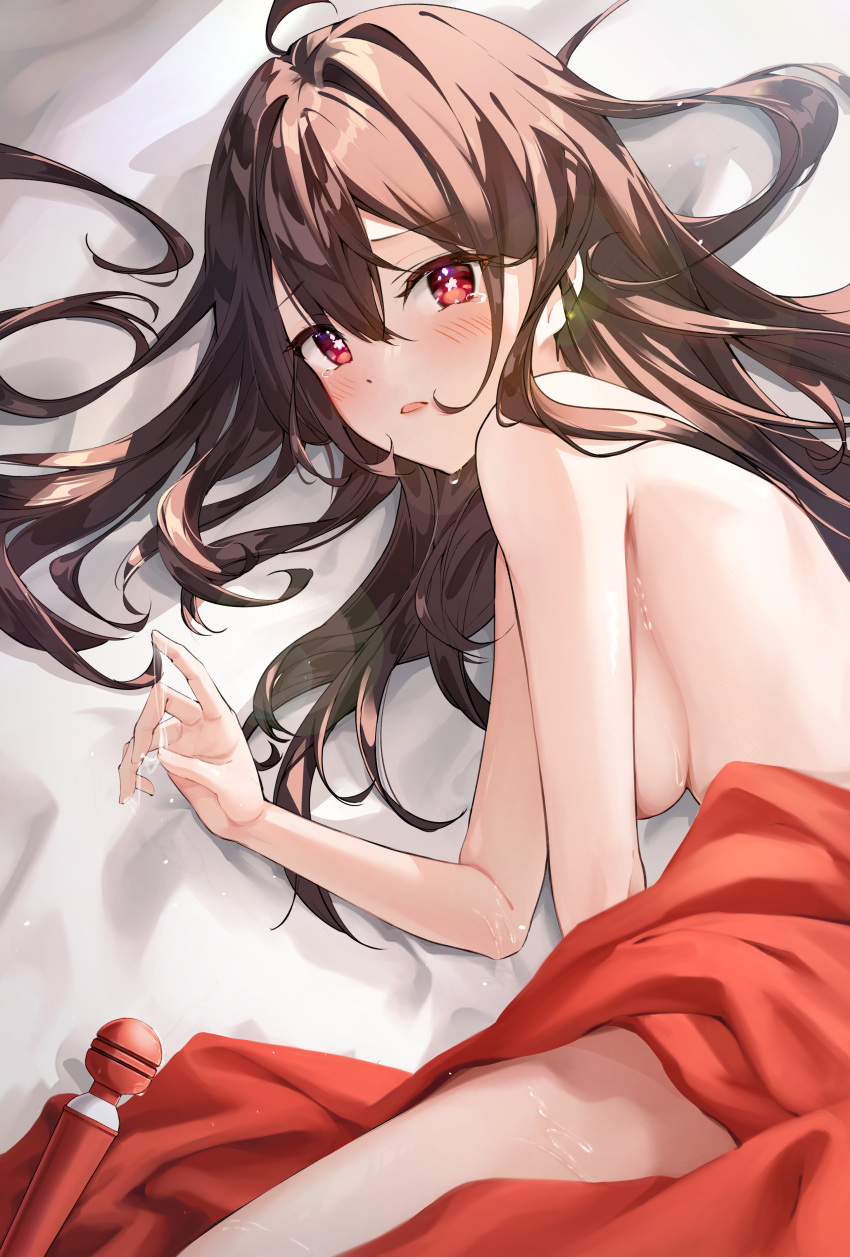 1girl absurdres bangs blush breasts brown_hair commentary_request convenient_arm flower-shaped_pupils from_above genshin_impact hair_between_eyes highres hu_tao_(genshin_impact) implied_masturbation long_hair looking_at_viewer lying medium_breasts nude on_bed on_side popoboba red_eyes sex_toy sideboob sidelocks solo suggestive_fluid sweat symbol-shaped_pupils under_covers vibrator