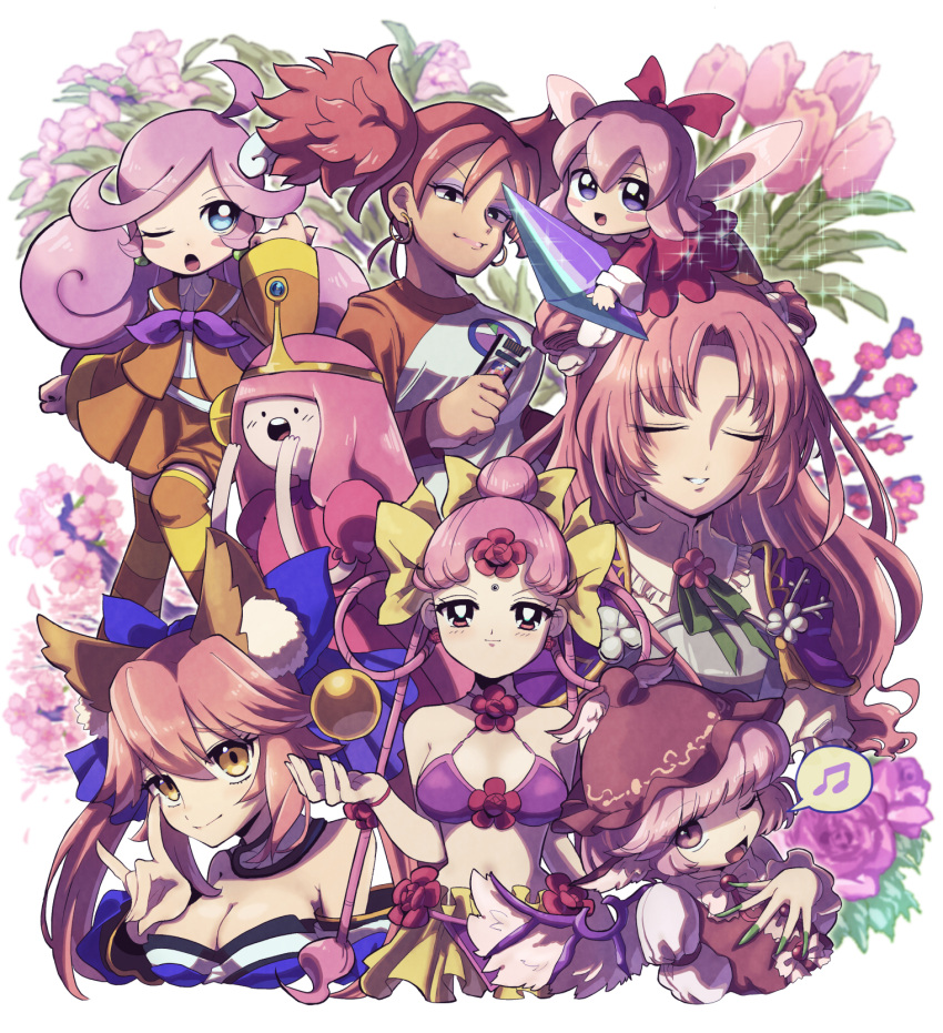6+girls adventure_time animal_ears animal_hands beamed_eighth_notes bird_ears bird_wings blue_bow blue_eyes blush blush_stickers bow breasts brown_dress brown_headwear character_request cherry_blossoms cleavage closed_eyes closed_mouth copyright_request crossover dress fate/grand_order fate_(series) fingernails flower flower_knight_girl fox_ears gloves green_nails hair_between_eyes hair_bow hair_bun hair_rings hat highres kirby's_dream_land kirby_(series) large_breasts long_fingernails long_hair long_sleeves multiple_crossover multiple_girls musical_note mystia_lorelei nail_polish one_eye_closed open_mouth paw_gloves pink_eyes pink_flower pink_hair pink_rose princess_bonnibel_bubblegum puffy_short_sleeves puffy_sleeves red_dress red_eyes red_flower rose sharp_fingernails shirt short_hair short_sleeves smile spoken_musical_note tamamo_(fate) tamamo_no_mae_(fate/extra) tawara_osamu touhou white_background white_wings winged_hat wings yellow_eyes