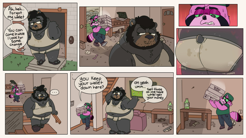 absurd_res anthro black_bear black_body black_fur butt comic delivery_(commerce) delivery_employee dialogue dirty_clothing duo eyewear food_delivery fur glasses hi_res male mammal meek_(character) mrdannyloco musk_clouds overweight overweight_male slob staring_at_ass steve_jovonovich ursid ursine