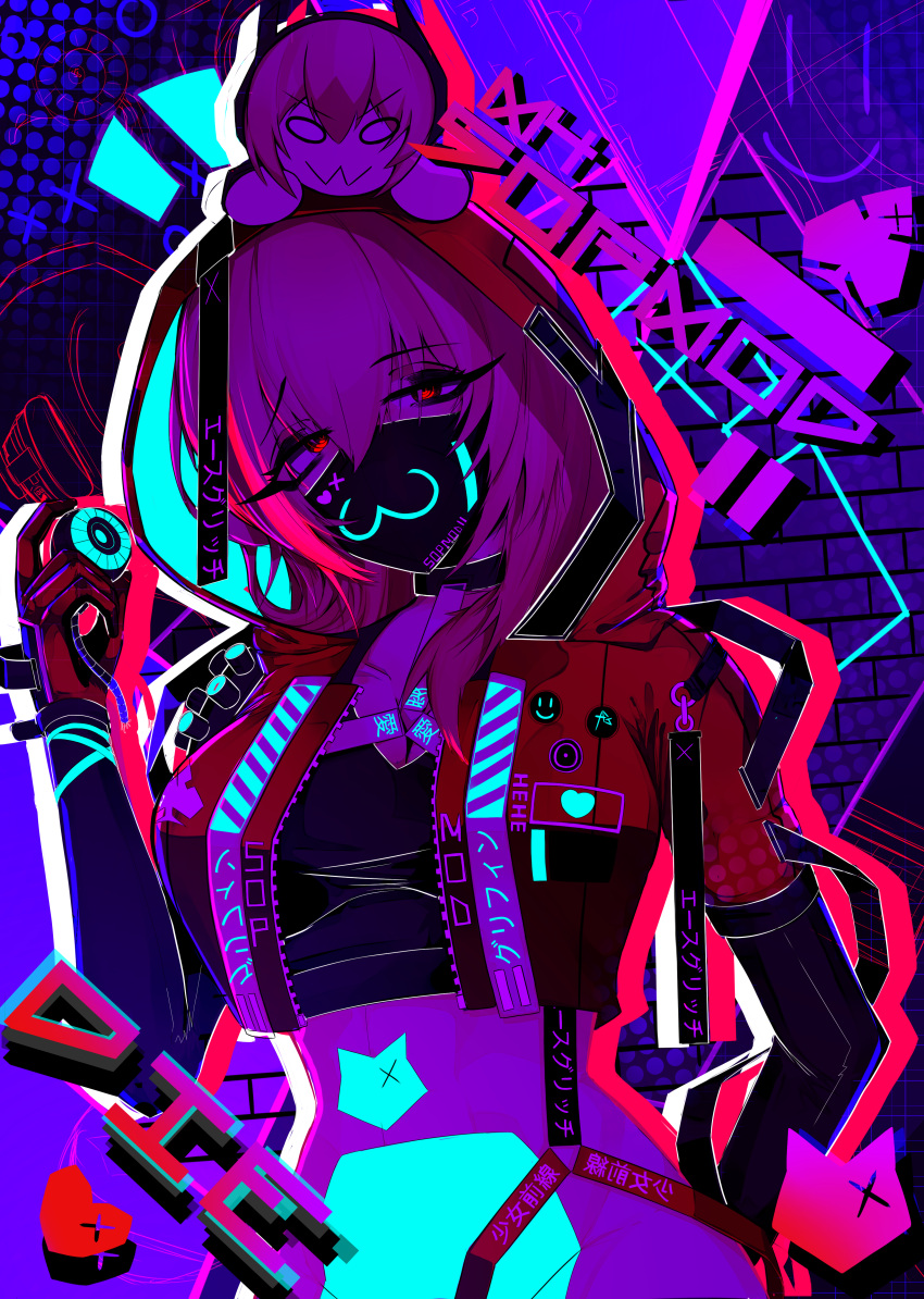 1girl absurdres ace_glitch arm_behind_back bangs black_choker black_mask black_shirt breasts character_name choker crop_top girls'_frontline gloves highres holding_eyeball hood hood_up jacket long_hair long_sleeves looking_at_viewer m4_sopmod_ii_(girls'_frontline) m4_sopmod_ii_jr masked medium_breasts multicolored_clothes multicolored_jacket neon_lights open_clothes open_jacket pink_hair red_eyes red_gloves red_hood red_jacket shirt solo standing upper_body