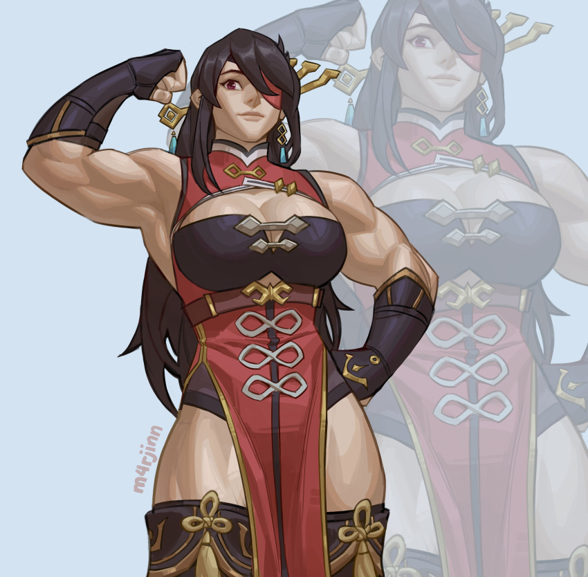 1girl absurdres arm_up beidou_(genshin_impact) breasts cleavage cleavage_cutout closed_mouth clothing_cutout eyepatch fingerless_gloves genshin_impact gloves hair_ornament hand_on_hip highres large_breasts long_hair m4rjinn muscular muscular_female official_art red_eyes simple_background