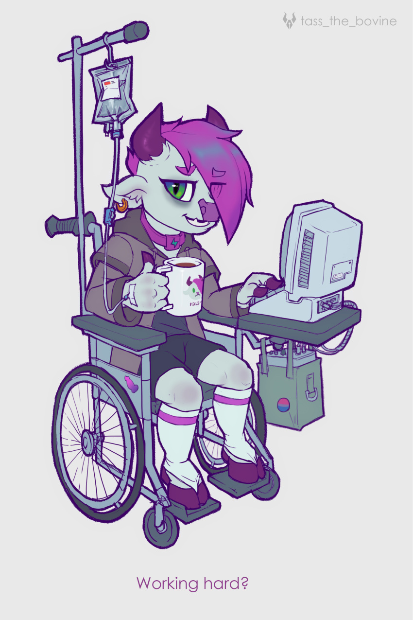 2:3 absurd_res anthro beverage bovid bovine burnout cattle choker clothing coffee coffee_mug computer green_eyes hair hi_res ill injection jewelry legwear male mammal necklace purple_hair sling_shot solo stockings tass_(character) tass_the_bovine wheelchair working