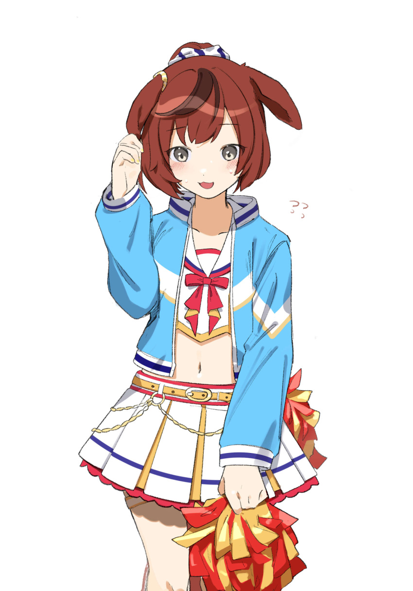 1girl :3 absurdres animal_ears bangs belt blue_jacket blush brown_hair crop_top ears_down feet_out_of_frame flying_sweatdrops grey_eyes highres holding holding_ears holding_pom_poms horse_ears jacket layered_skirt long_sleeves michia_(bourgognepony) midriff multicolored_hair navel nice_nature_(run&amp;win)_(umamusume) nice_nature_(umamusume) open_clothes open_jacket open_mouth pom_pom_(cheerleading) pony sailor_collar shirt simple_background skirt solo standing streaked_hair sweat umamusume white_background white_shirt white_skirt