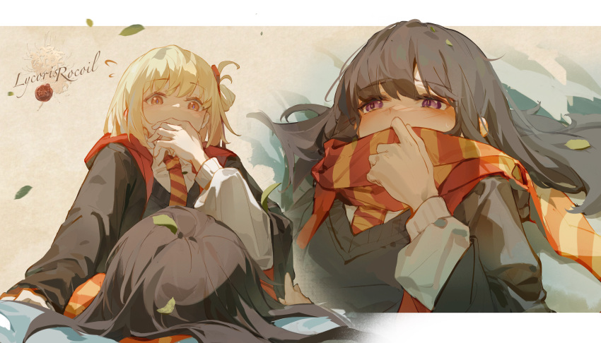 2girls absurdres artist_logo black_footwear black_hair black_jacket black_shirt black_skirt black_socks blonde_hair blush copyright_name covered_mouth ear_blush eye_contact face-to-face girl_on_top highres inoue_takina jacket leaf leaf_on_head long_hair long_sleeves looking_at_another lycoris_recoil lying moyu_marginal multiple_girls nishikigi_chisato on_back pleated_skirt purple_eyes red_scarf scarf shirt skirt socks yuri