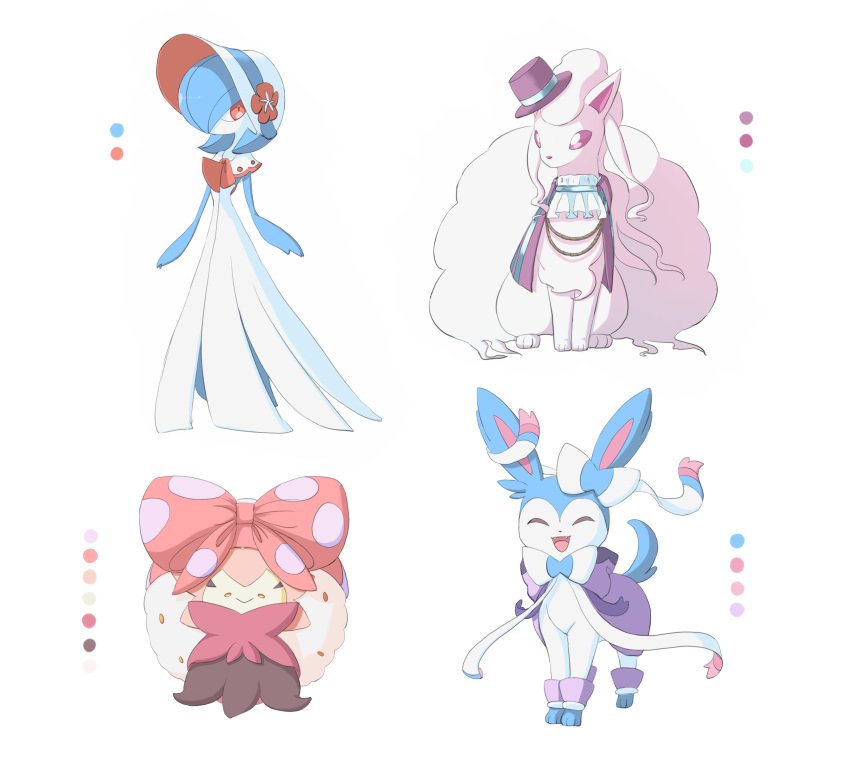 1girl :&gt; ^_^ absurdres alolan_ninetales alternate_color ascot bangs blue_hair blue_skin bob_cut bonnet bow cape capelet closed_eyes closed_mouth clothed_pokemon color_guide colored_skin commentary_request eldegoss facing_viewer fangs flat_chest full_body gardevoir hair_bow hair_over_one_eye happy hat highres long_hair looking_to_the_side mini_hat mini_top_hat mogu_(mogu_mogu_um) multicolored_skin one_eye_covered open_mouth orange_eyes pink_eyes pokemon pokemon_(creature) pokemon_(game) pokemon_unite polka_dot polka_dot_bow purple_cape purple_headwear red_bow red_eyes red_trim ribbon rope shiny_pokemon short_hair simple_background smile standing straight-on sylveon tilted_headwear top_hat two-tone_skin white_ascot white_background white_bow white_capelet white_hair white_headwear white_ribbon white_skin