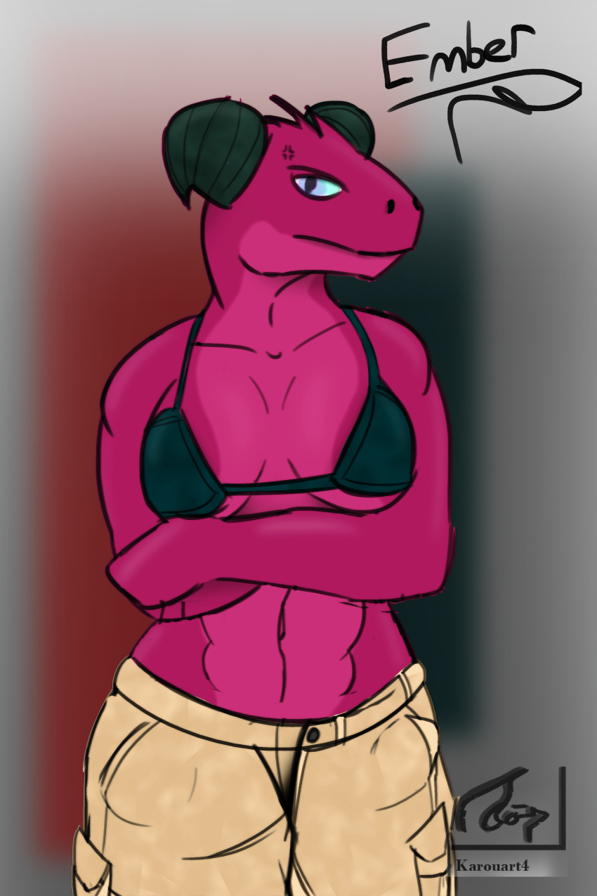 2022 abs absurd_res angry anthro big_breasts blue_eyes bottomwear bra breasts clothing cross-popping_vein digital_drawing_(artwork) digital_media_(artwork) ember_(karouart) female hi_res horn karouart looking_at_viewer multicolored_body navel portrait scales scalie shorts signature simple_background solo three-quarter_portrait underwear