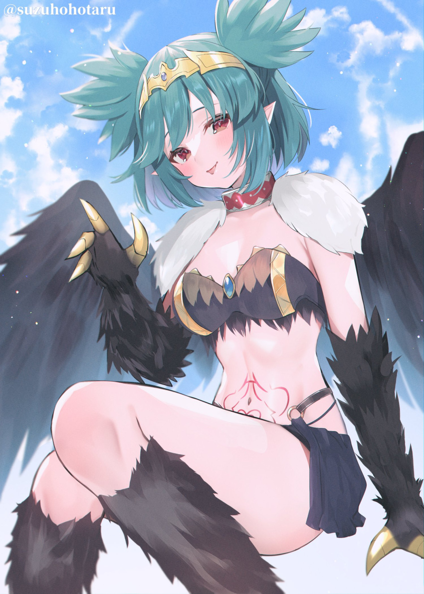 1girl bandeau bangs black_wings breasts claws commission green_hair harpy highres indie_virtual_youtuber lincoro medium_breasts monster_girl pointy_ears red_eyes short_twintails skeb_commission solo stomach_tattoo strapless suzuho_hotaru tattoo tiara tongue tongue_out twintails twitter_username virtual_youtuber wings