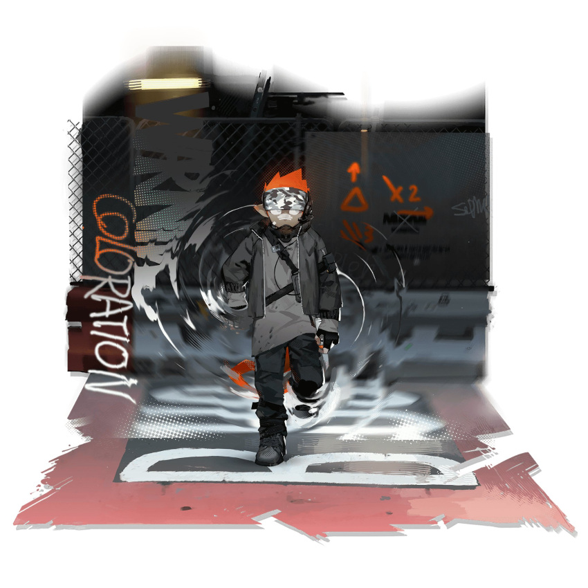 1boy alternate_hair_color arknights artist_request black_gloves bow chameleon_tail coat colored_sclera dark-skinned_male dark_skin ethan_(arknights) ethan_(infiltrator)_(arknights) facial_hair full_body gloves goggles goggles_on_head graffiti grey_sclera grin hand_on_hip highres hood hood_down hooded_coat male_focus mouth_hold non-web_source nose_tape official_alternate_costume official_art oversized_zipper pointy_ears polka_dot red_bow red_hair shaded_face smile solo source_request tail teeth white_coat white_eyes zipper