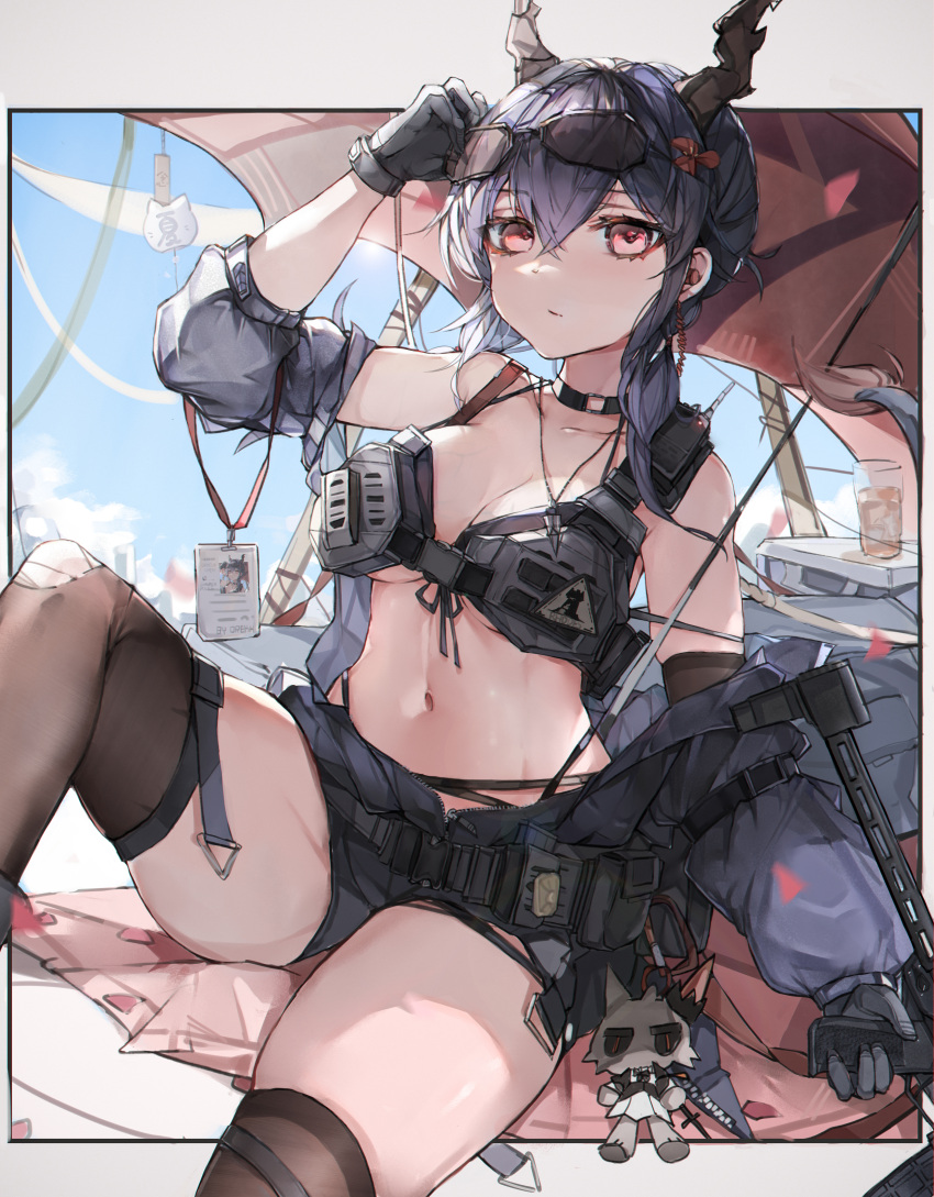 1girl absurdres alternate_costume arknights bare_shoulders beach_umbrella belt bikini black_bikini black_choker black_gloves black_hair black_jacket black_shorts blue_sky breasts brown_thighhighs ch'en_(arknights) ch'en_the_holungday_(arknights) character_doll choker cleavage closed_mouth collarbone crossbow day dragon_horns eyewear_on_head gloves highres holding holding_weapon horns id_card jacket large_breasts long_hair long_sleeves looking_at_viewer low_twintails open_clothes open_jacket oreshki outdoors partially_unzipped red_eyes short_shorts shorts sitting skindentation sky solo sunglasses swimsuit talulah_(arknights) thighhighs torn_thighhighs twintails umbrella weapon zipper_pull_tab