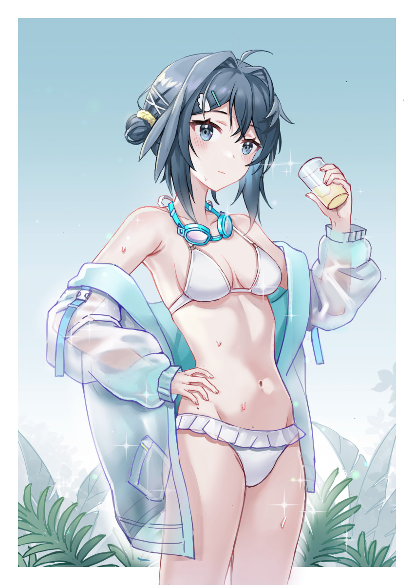 1girl absurdres ahoge arknights bangs bare_shoulders bestramos bikini blush breasts cleavage cowboy_shot cup drinking_glass goggles goggles_around_neck grey_eyes grey_hair groin hair_intakes hand_on_hip hand_up highres holding holding_cup jacket la_pluma_(arknights) la_pluma_(summer_flowers)_(arknights) long_sleeves looking_at_viewer medium_breasts navel off_shoulder open_clothes open_jacket short_hair solo standing stomach swimsuit thighs white_bikini