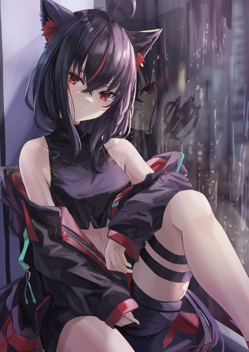 1girl ahoge animal_ear_fluff animal_ears bangs black_hair black_jacket black_shirt black_shorts blush braid commentary_request crop_top earrings fox_ears fox_girl highres hololive jacket jewelry knee_up kurokami_fubuki long_hair looking_at_viewer open_clothes open_jacket red_eyes red_hair reflection shigiroid shirt short_shorts shorts sidelocks single_braid sitting sleeveless sleeveless_shirt solo thigh_strap virtual_youtuber window