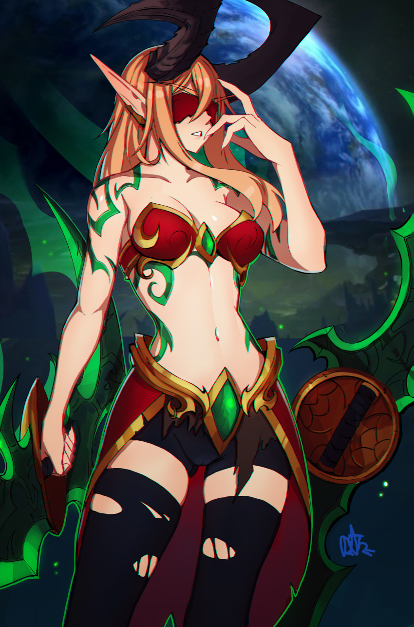 1girl absurdres arm_tattoo armor bare_shoulders bike_shorts bikini bikini_armor bikini_top_only black_thighhighs blindfold blonde_hair breasts cleavage covered_eyes demon_hunter_(warcraft) distr fingernails hand_up highres holding holding_weapon horns long_eyebrows long_hair medium_breasts navel planet pointy_ears sharp_fingernails signature solo swimsuit tattoo thighhighs torn_thighhighs twin_blades warcraft weapon world_of_warcraft