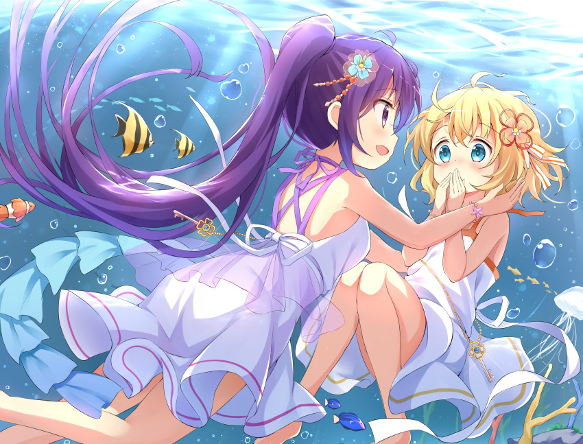 2girls absurdres air_bubble animal bangs bare_arms bare_shoulders barefoot blonde_hair blue_eyes blue_flower bubble clownfish commentary_request covered_mouth dress eye_contact feet_out_of_frame fish flower gochuumon_wa_usagi_desu_ka? hair_between_eyes hair_flower hair_ornament hands_up highres kirima_syaro long_hair looking_at_another multiple_girls pink_flower pleated_dress ponytail purple_eyes purple_hair sleeveless sleeveless_dress stick_jitb tedeza_rize underwater very_long_hair white_dress