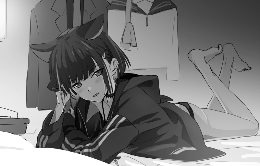 1girl animal_ears barefoot blue_archive blush cat_ears feet_up greyscale hair_ornament hairclip hood hood_down hooded_jacket indoors jacket kazusa_(blue_archive) long_sleeves looking_at_viewer lying monochrome ningen_(ningen96) on_stomach open_mouth panties short_hair smile solo underwear