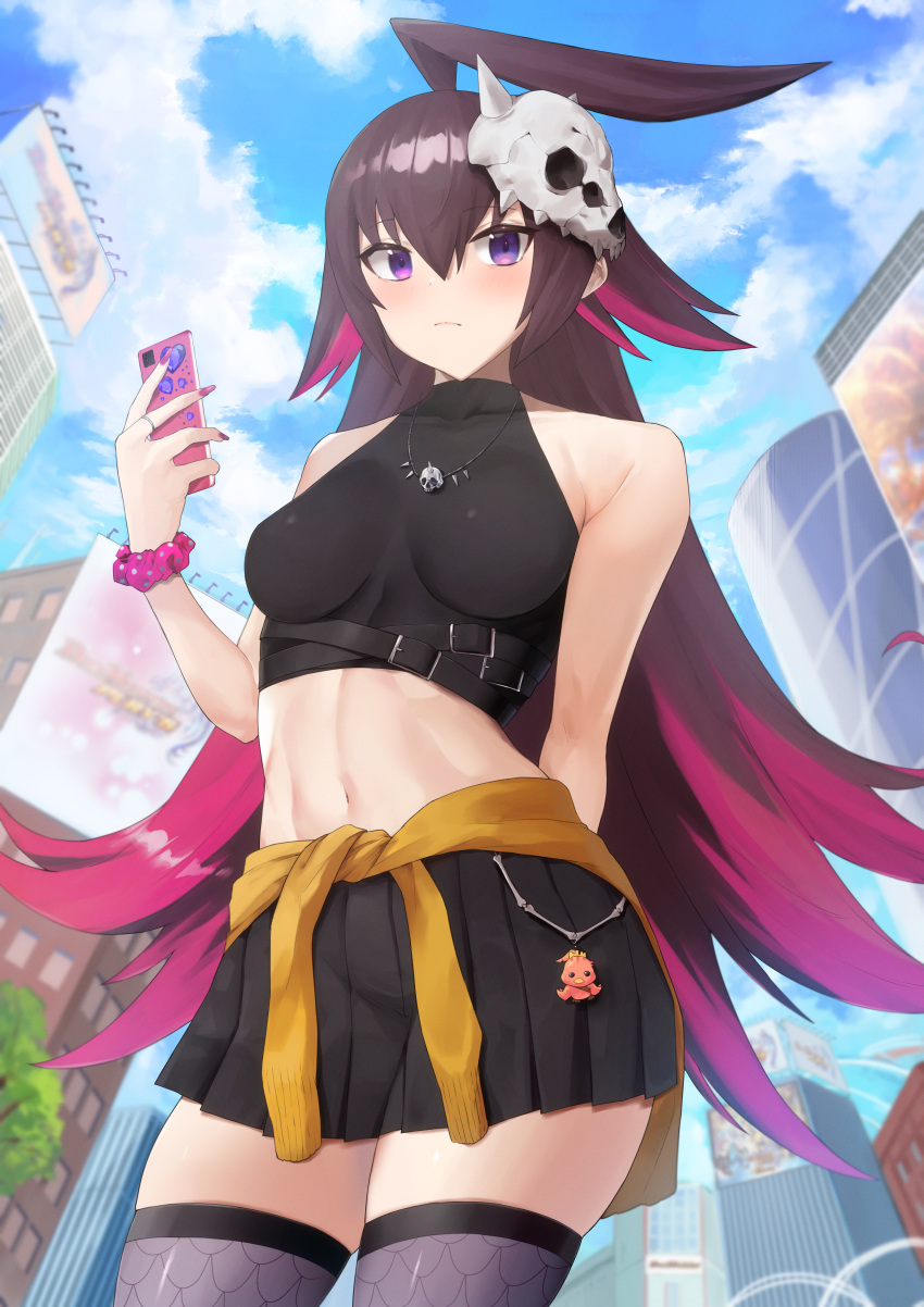 1girl abs absurdres bare_shoulders belt belt_buckle black_hair black_nails blue_sky bone breasts buckle building cellphone chest_belt city cloud colored_inner_hair dapiko_(duel_masters) duel_masters duel_masters_play's highres holding holding_phone jewelry kataku_musou long_hair looking_at_viewer midriff multicolored_hair multiple_belts nail_polish navel necklace outdoors phone purple_eyes purple_hair purple_nails ring short_shorts shorts skindentation skull skull_belt skull_necklace skull_ornament sky sleeveless solo standing stomach thick_thighs thighhighs thighs