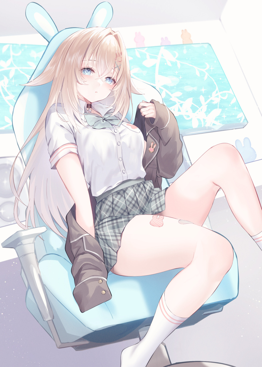 1girl absurdres bangs blue_eyes choker commission dress_shirt green_skirt hair_between_eyes highres indie_virtual_youtuber light_brown_hair long_hair looking_at_viewer on_chair parted_lips pleated_skirt second-party_source shirt short_sleeves skeb_commission skirt socks solo suzuho_hotaru tachibana_usa virtual_youtuber white_shirt white_socks
