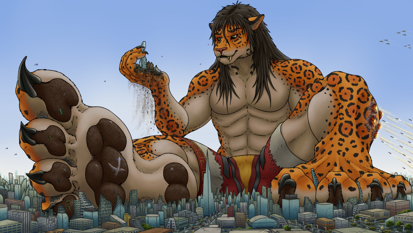 4_toes anthro athletic athletic_anthro athletic_male attack between_toes black_hair bulge city city_destruction claws crushed_vehicle destroyed_building destruction feet felid finger_claws foot_crush foot_fetish haforien haforien_(character) hair hi_res holding_building jaguar long_hair looking_at_hand macro male mammal missile object_between_toes pantherine pawpads paws rosettes shorts_only sitting_on_ground soles solo stuck_to_foot toe_claws toes