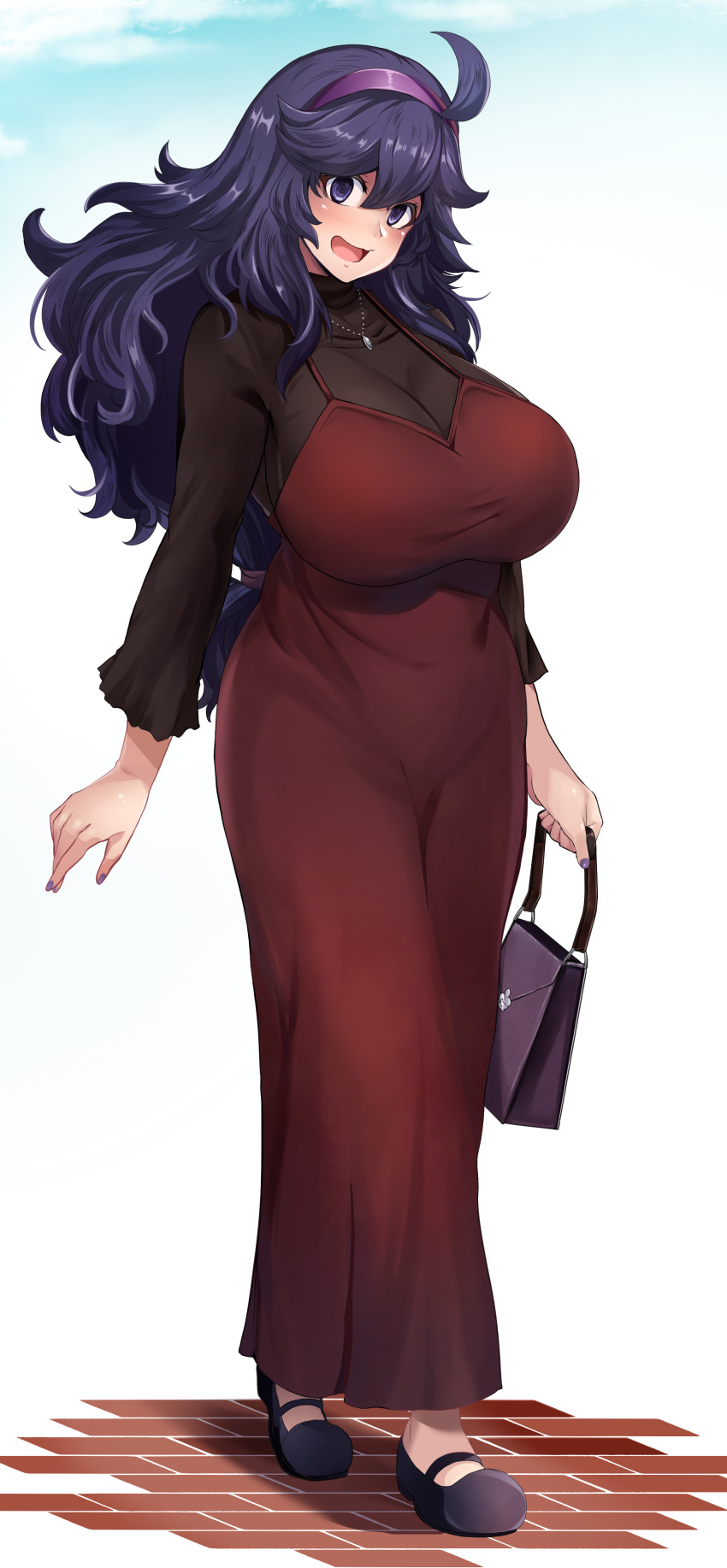1girl @_@ absurdres alternate_breast_size alternate_costume bag breasts cleavage dress full_body hairband handbag hex_maniac_(pokemon) highres huge_breasts jewelry long_hair long_sleeves looking_at_viewer low-tied_long_hair maki_ikazuya messy_hair open_mouth pendant pokemon pokemon_(game) pokemon_xy purple_hairband shirt_under_dress simple_background smile solo very_long_hair walking white_background