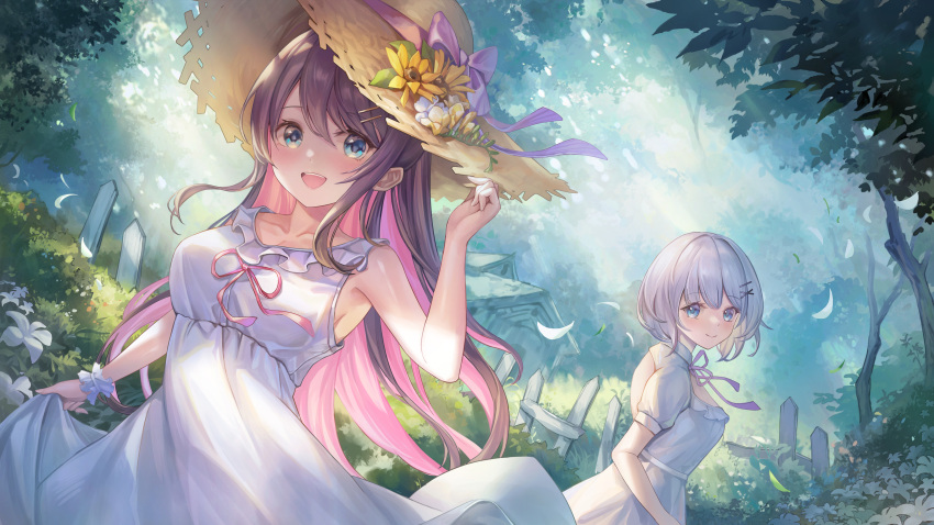:d absurdres adjusting_clothes adjusting_headwear bangs blue_eyes blush breasts brown_hair bush closed_mouth collarbone commentary_request dated_commentary dress flower forest hair_ornament hairclip hat highres kaga_nazuna kaga_sumire long_hair looking_at_viewer multicolored_hair nature open_mouth pink_hair purple_ribbon red_ribbon ribbon scrunchie short_hair short_sleeves siblings sisters sleeveless sleeveless_dress smile sun_hat teeth tree upper_teeth virtual_youtuber vspo! white_dress wrist_scrunchie yahiro_(heartseek000)