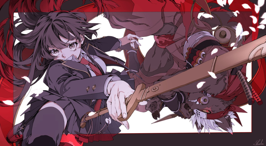 1boy 1girl animal_ears bangs black_eyes black_hair border collared_shirt colored_sclera commentary_request dog_boy dog_ears dog_tail forehead_protector full_body furry furry_male highres holding holding_sword holding_weapon japanese_clothes kazanniro kunai loafers long_hair master_2_(housamo) multiple_swords muscular muscular_male necktie ninja pleated_skirt red_border red_eyes red_necktie red_scarf scar scar_on_face scarf school_uniform scroll shirt shoes short_hair signature skirt sword tadatomo_(housamo) tail tokyo_afterschool_summoners transparent_border weapon white_hair yellow_sclera