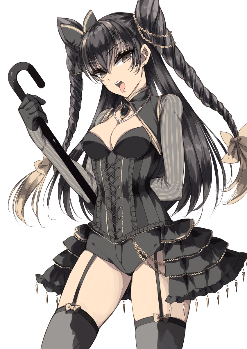 1girl absurdres arm_behind_back bangs black_bow black_bustier black_gemstone black_gloves black_hair black_shorts bow braid breasts brown_eyes cleavage cowboy_shot earrings garter_straps gloves grey_bow grey_sleeves grey_thighhighs hair_between_eyes hair_bow highres holding jewelry long_hair long_sleeves looking_at_viewer medium_breasts micro_shorts misteor open_mouth original shiny shiny_hair shorts shrug_(clothing) simple_background solo standing striped_sleeves thighhighs tongue tongue_out twin_braids twintails very_long_hair white_background