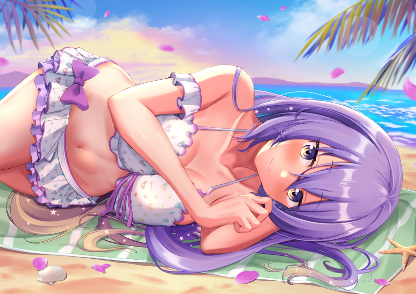 1girl absurdres beach beach_towel bikini bikini_skirt breasts front-tie_bikini_top front-tie_top highres hololive hololive_indonesia kaigan large_breasts long_hair lying moona_hoshinova navel ocean on_side petals purple_eyes purple_hair seashell shell smile starfish sunset swimsuit towel virtual_youtuber