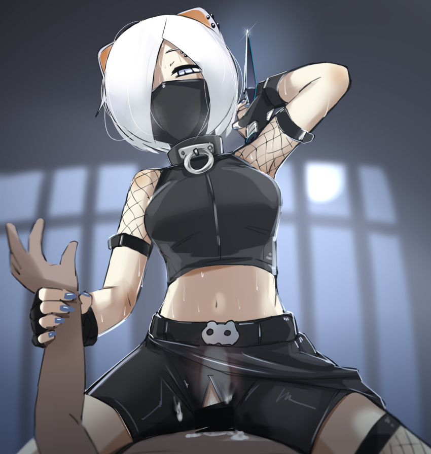 1boy 1girl animal_ears arknights belt bike_shorts black_belt black_gloves black_mask blue_eyes breasts clothed_sex covered_mouth cowgirl_position cum dagger ear_piercing eyebrow_piercing fingerless_gloves fingernails fishnet_sleeves fishnet_thighhighs fishnets girl_on_top gloves hair_over_one_eye highres holding holding_another's_wrist holding_dagger holding_weapon knife kunai looking_at_viewer mask midriff mouth_mask navel ninja one_eye_covered piercing pov purple_nails raitaroo sex shirayuki_(arknights) short_hair short_sleeves slit_pupils small_breasts solo_focus straddling sweat thighhighs weapon weasel_ears weasel_girl white_hair x-ray
