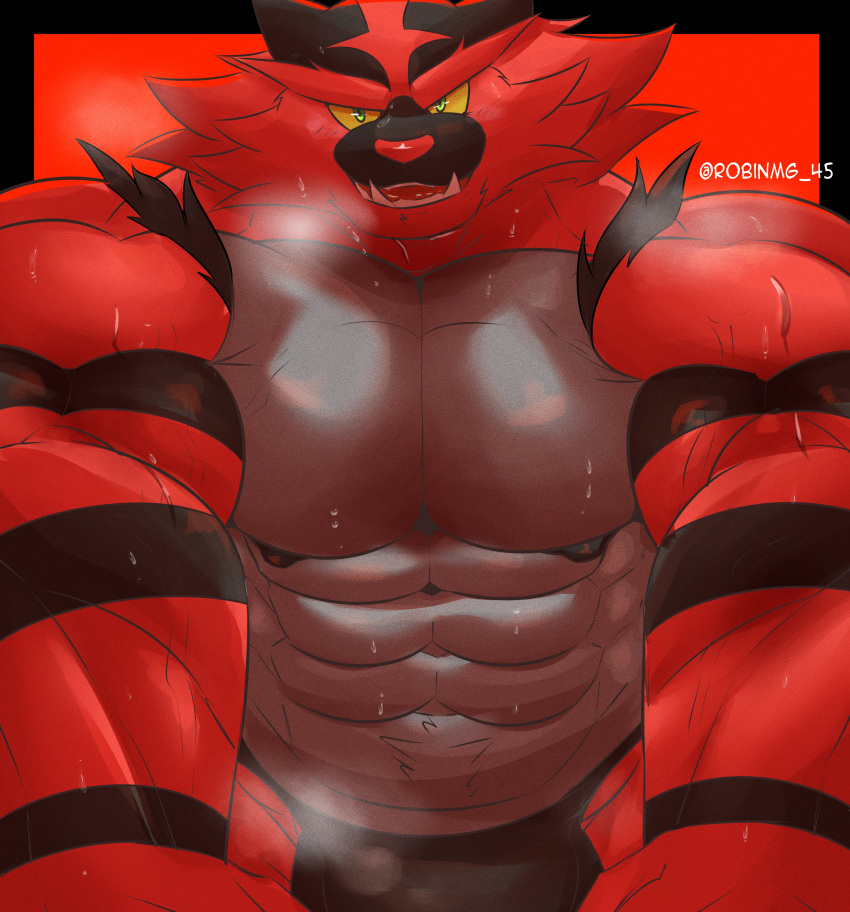 2022 abs absurd_res anthro barazoku biceps big_bulge big_muscles big_pecs black_border bodily_fluids border bulge clothing fur generation_7_pokemon hi_res huge_bulge huge_muscles huge_pecs incineroar looking_at_viewer male muscular muscular_anthro muscular_male musk navel nintendo nipples open_mouth open_smile pecs pokemon pokemon_(species) red_background robinmg_45 seductive simple_background smile solo steam sweat teeth text thong tongue tuft underwear url vein video_games wet wet_body wet_fur