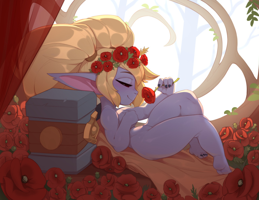 accessory blonde_hair blue_body breasts covering covering_breasts covering_self female flower flower_crown flower_in_hair hair hair_accessory hi_res huffslove humanoid humanoid_pointy_ears league_of_legends leaning long_ears lying medium_breasts melee_weapon nude on_back pigtails plant poppy_(lol) riot_games rose_(disambiguation) short_stack solo thick_thighs video_games weapon yordle