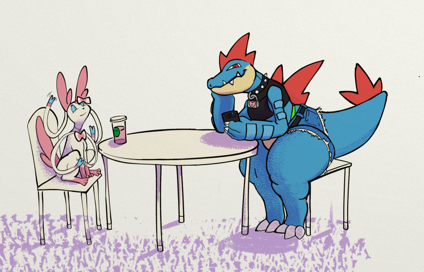 2022 absurd_res ambiguous_gender anthro beverage blue_eyes bottomwear chair claws clothed clothing collar colored crocodilian cutoffs daisy_dukes date denim denim_clothing digital_media_(artwork) duo ediblecrustables eeveelution feral feraligatr furniture generation_2_pokemon generation_6_pokemon gesture hi_res hotpants lock looking_at_viewer mammal nintendo padlock phone pokemon pokemon_(species) red_eyes reptile ribbons scalie shorts simple_background sitting smile spiked_collar spikes sylveon table topwear video_games waving