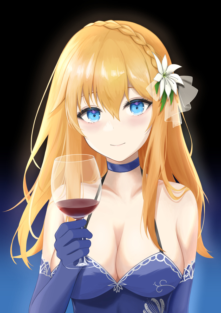1girl absurdres bangs bare_shoulders blonde_hair blue_choker blue_dress blue_eyes blue_gloves blush braid breasts choker cleavage closed_mouth codename696 collarbone commentary commission cup dress drinking_glass elbow_gloves flower girls'_frontline gloves hair_flower hair_ornament highres holding holding_cup large_breasts lips long_hair looking_at_viewer mosin-nagant_(girls'_frontline) mosin-nagant_(moonlit_ocean)_(girls'_frontline) multicolored_background official_alternate_costume red_wine skeb_commission smile solo upper_body wine_glass