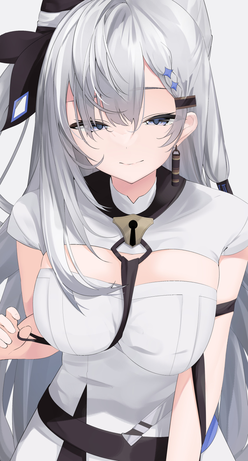 1girl absurdres asymmetrical_bangs bangs between_breasts blue_eyes braid braided_bangs breasts closed_mouth dress earrings enri_madoka grey_hair hair_between_eyes highres hololive hololive_indonesia jewelry keyhole long_hair looking_at_viewer medium_breasts single_earring solo upper_body vestia_zeta virtual_youtuber white_dress